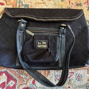 “Coach” Black Signature Canvas Tote with Front Pocket and Brass Accents
